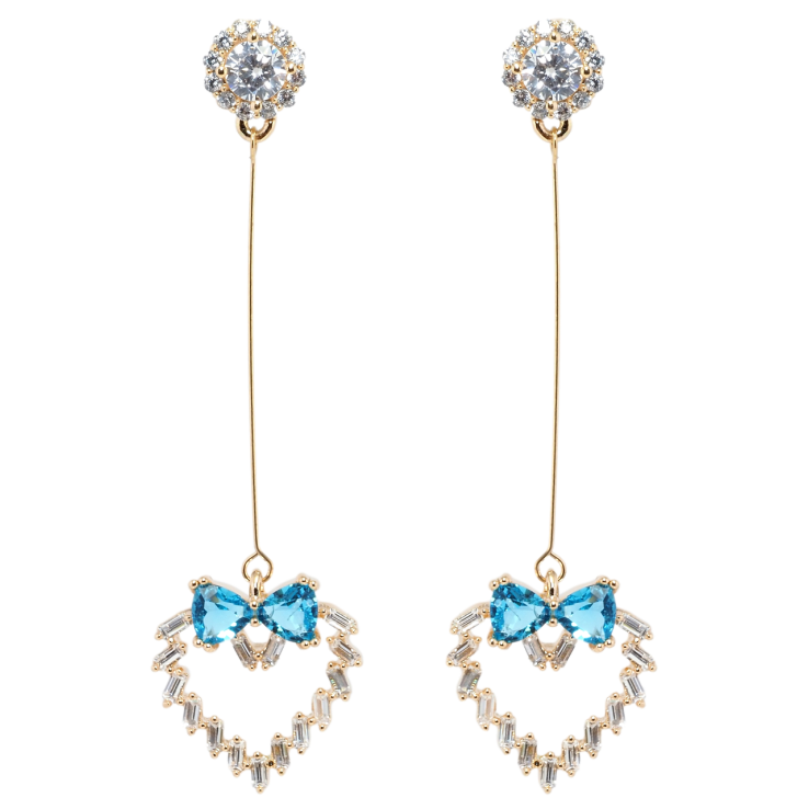 Серьги Xuping Позолота 18K пусеты Кристальные сердечки с бантами из голубых фианитов фото №6