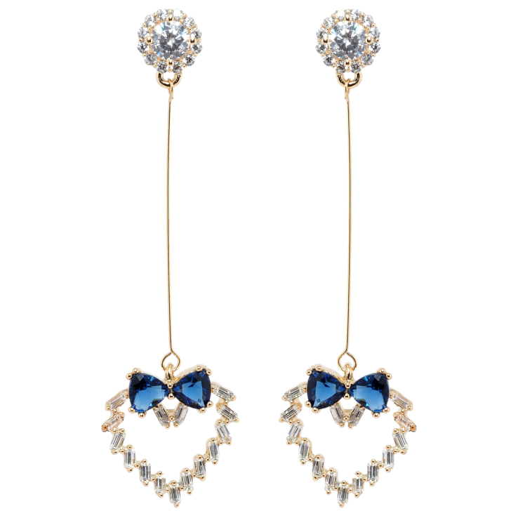 Серьги Xuping Позолота 18K пусеты Кристальные сердечки с бантами из синих фианитов фото №3