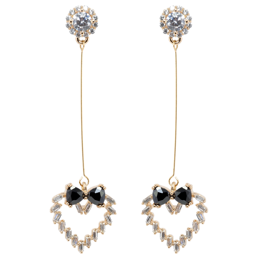 Серьги Xuping Позолота 18K пусеты Кристальные сердечки с бантами из черных фианитов фото №1 Серьги Xuping Позолота 18K пусеты Кристальные сердечки с бантами из черных фианитов фото №1