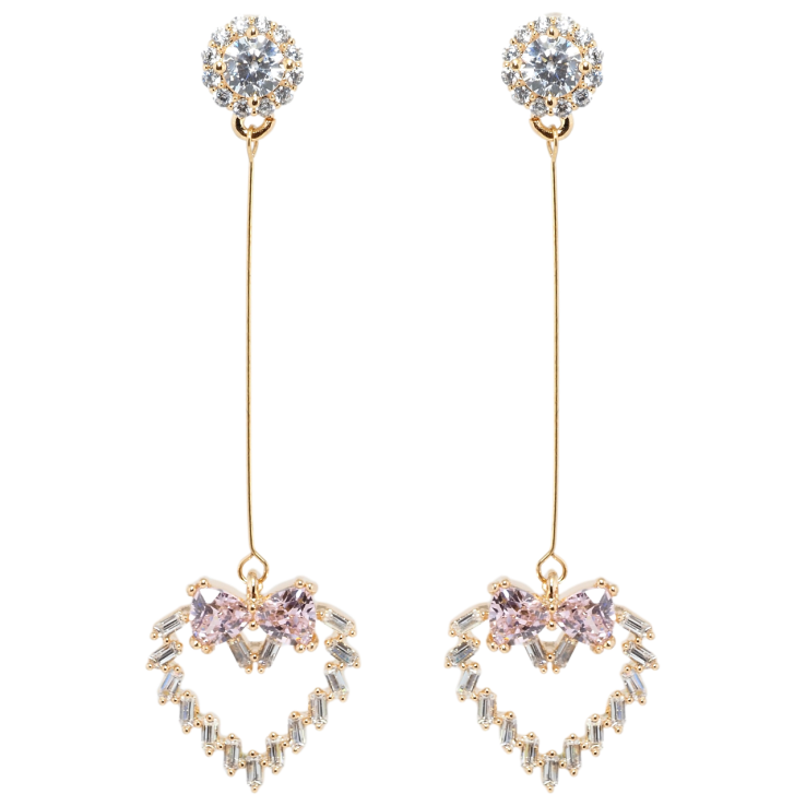 Серьги Xuping Позолота 18K пусеты Кристальные сердечки с бантами из розовых фианитов фото №4