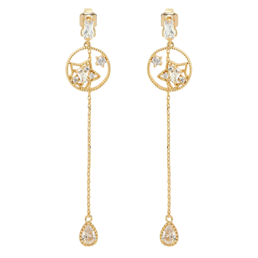 Серьги Xuping Позолота 18K пусеты Капельки кристальные на цепочках с звездами фото №1