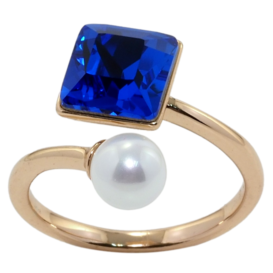 Кольцо Xuping цвет 18K с кр-ми Swarovski Кристалл Capri Blue с жемчугом 8х8мм, ø 6мм фото №1 Кольцо Xuping цвет 18K с кр-ми Swarovski Кристалл Capri Blue с жемчугом 8х8мм, ø 6мм фото №1
