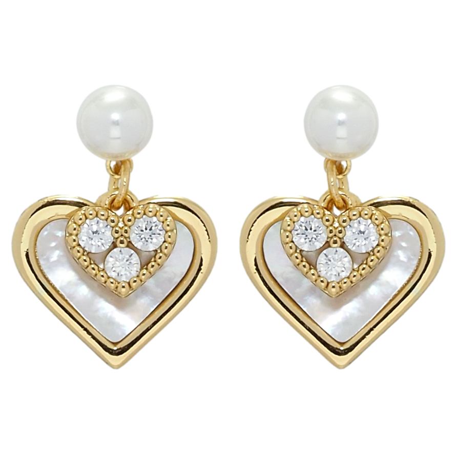 Серьги Xuping QQMM Позолота 14K пусеты Сердечки с перламутровыми вставками фото №1