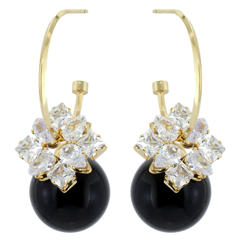Сережки Xuping QQMM Позолота 14K пусети Чорні кульки з фіанітами на півкільцях фото №2 Сережки Xuping QQMM Позолота 14K пусети Чорні кульки з фіанітами на півкільцях фото №2