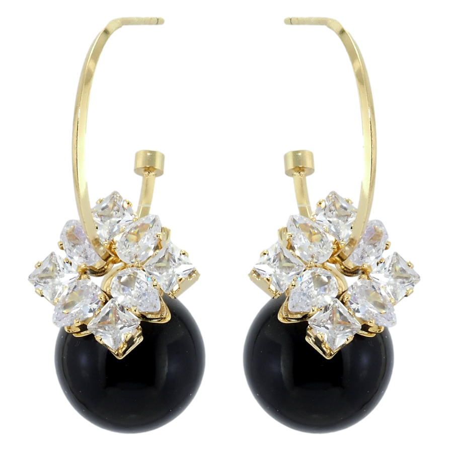 Сережки Xuping QQMM Позолота 14K пусети Чорні кульки з фіанітами на півкільцях фото №1 Сережки Xuping QQMM Позолота 14K пусети Чорні кульки з фіанітами на півкільцях фото №1