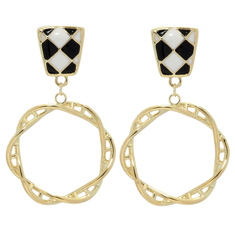 Сережки Xuping QQMM Позолота 14K пусети Підвіски шаховий візерунок з кільцями фото №2 Сережки Xuping QQMM Позолота 14K пусети Підвіски шаховий візерунок з кільцями фото №2