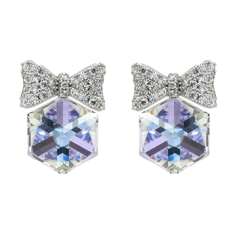 Сережки Xuping колір Родій з кристалами Swarovski пусети Кристальні кубики Smoky Mauve з бантами фото №17