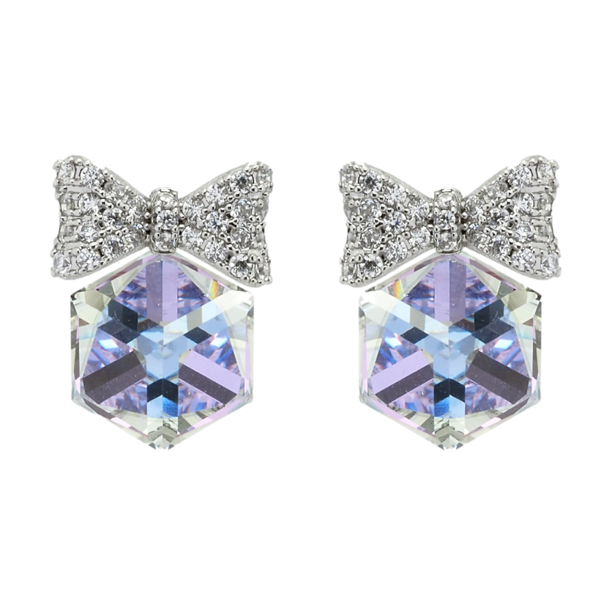 Серьги Xuping цвет Родий с кристаллами Swarovski пусеты Кристальные кубики Smoky Mauve с бантами фото №1
