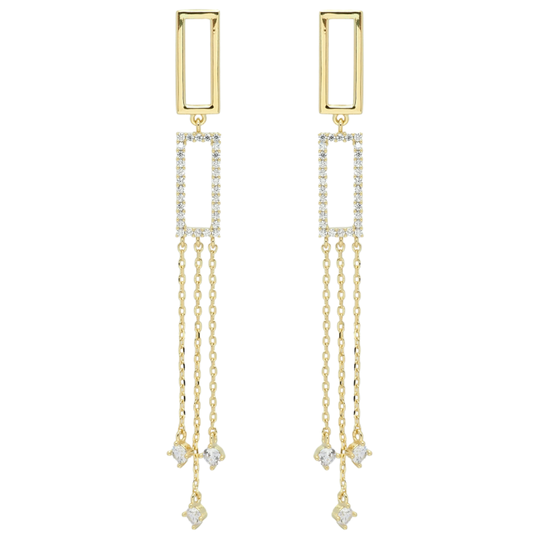 Серьги Xuping QQMM Позолота 14K пусеты Прямоугольники с фианитами на цепочках фото №2