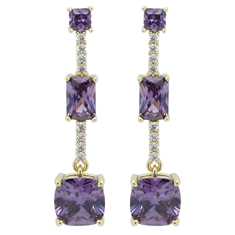 Серьги Xuping QQMM Позолота 14K пусеты Сиреневые фианиты на дорожке циркония фото №8