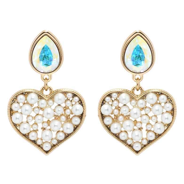 Сережки Xuping колір 18K з кристалами Swarovski пусети Кристали АВ та серця з перлами фото №2 Сережки Xuping колір 18K з кристалами Swarovski пусети Кристали АВ та серця з перлами фото №2