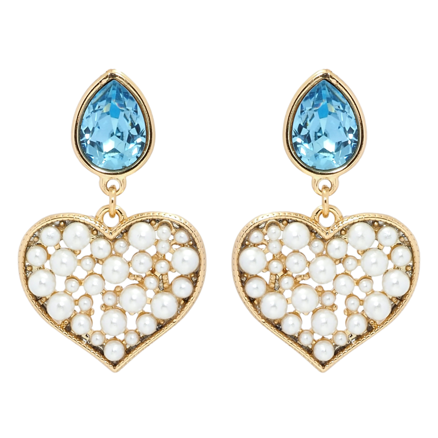Сережки Xuping колір 18K з кристалами Swarovski пусети Кристали Aquamarine з перлинними сердечками фото №1