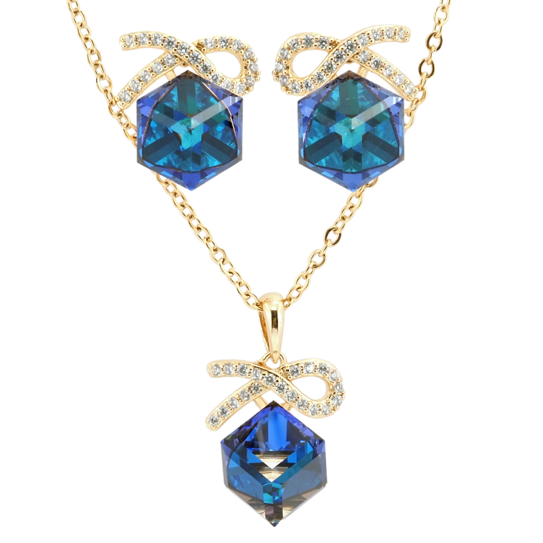 Набір Xuping колір 18K з кр-ми Swarovski Сережки Кулон на ланцюжку Кубики Metallic Blue довжина 40-45см х 2мм фото №3 Набір Xuping колір 18K з кр-ми Swarovski Сережки Кулон на ланцюжку Кубики Metallic Blue довжина 40-45см х 2мм фото №3