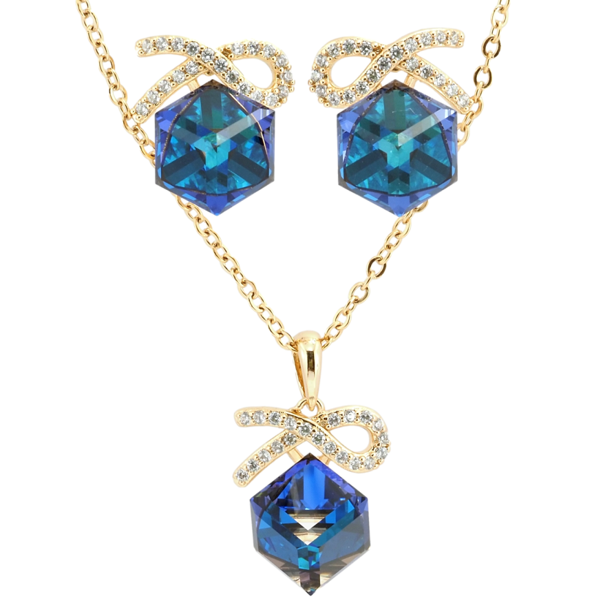Набор Xuping цвет 18K с кр-ми Swarovski Серьги Кулон на цепочке Кубики Metallic Blue длина 40-45см х 2мм фото №1 Набор Xuping цвет 18K с кр-ми Swarovski Серьги Кулон на цепочке Кубики Metallic Blue длина 40-45см х 2мм фото №1