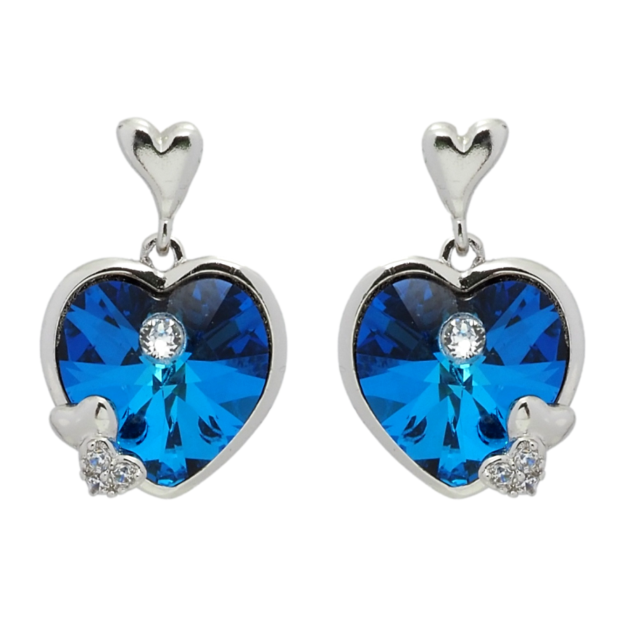 Сережки Xuping колір Родій з кристалами Swarovski пусети Кристальні серця Capri Blue фото №1