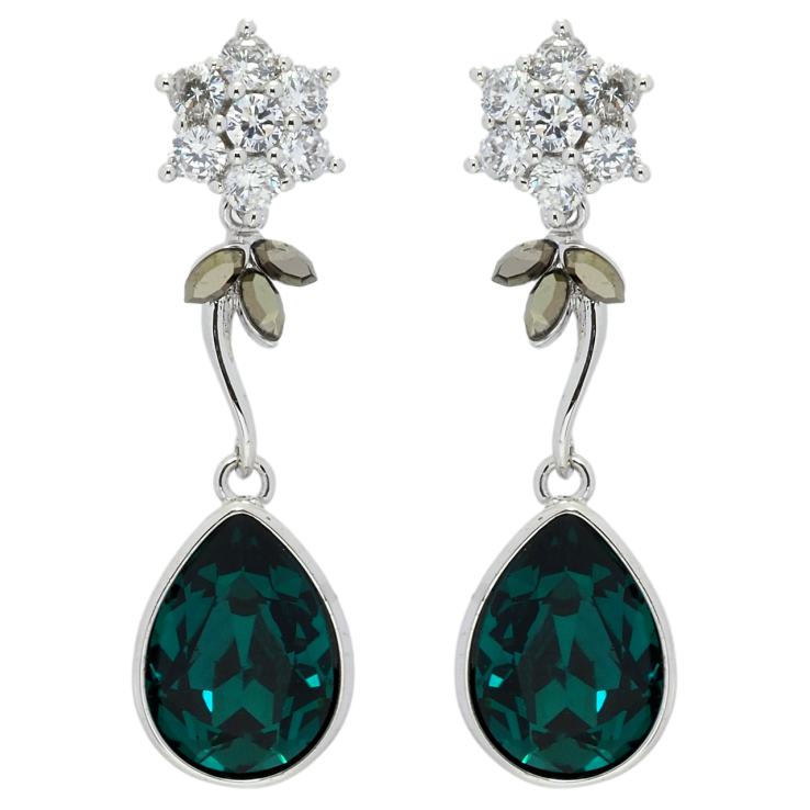 Серьги Xuping цвет Родий с кристаллами Swarovski пусеты Кристальные цветочки с кристаллом Emerald фото №3